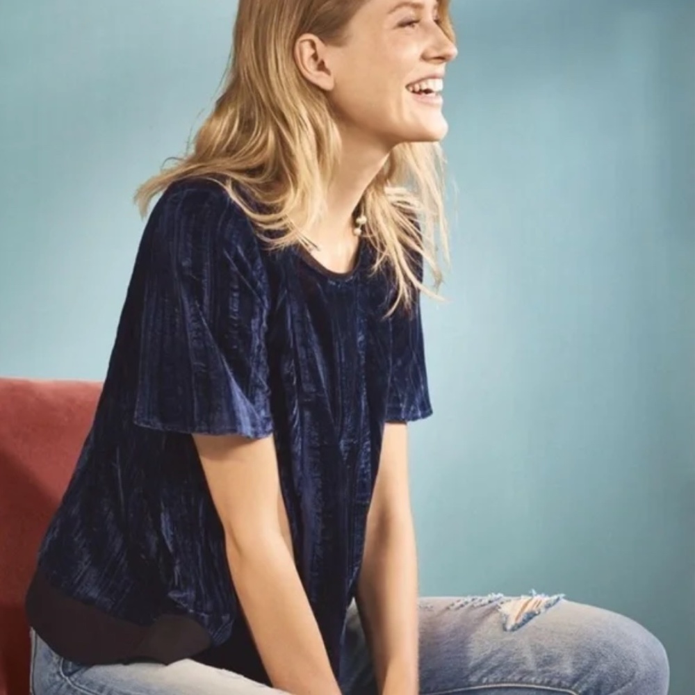 MAEVE ANTRHOPOLOGIE Crushed Velvet Swing Short Sleeve Top Blue Medium M